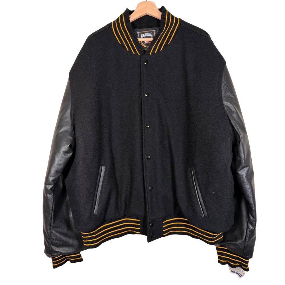 Rennoc Classic‎ Mens Black Leather Wool Varsity Jacket Yellow Stripe Size 2XL